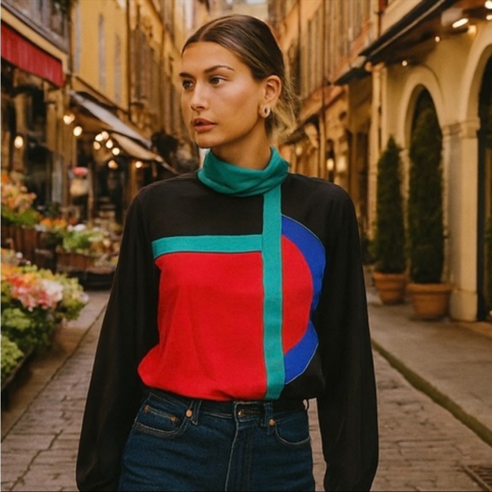 STUNNING VTG Art Deco Layered Geometric Colorblock Satin Secretary Blouse 8